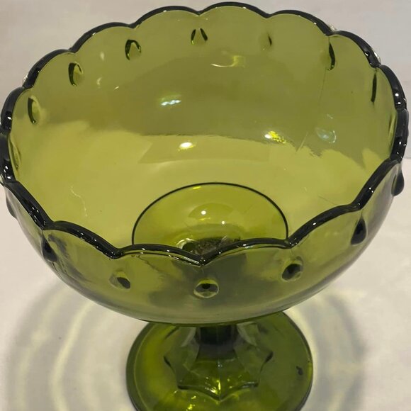 Indiana Glass "Teardrop Pattern" Scalloped Rim Frosted Green Footed Bowl Vintage - Picture 3 of 6